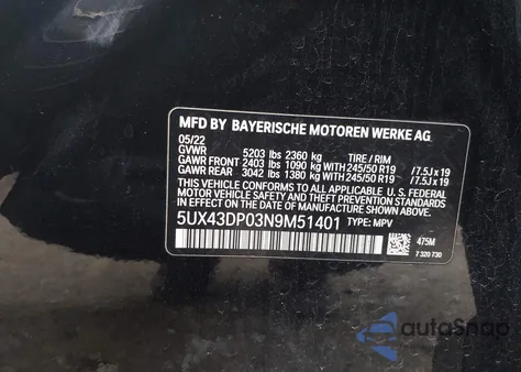 2022 BMW X3 Sdrive30I z USA, uszkodzony, nr VIN 5UX43DP03N9M51401